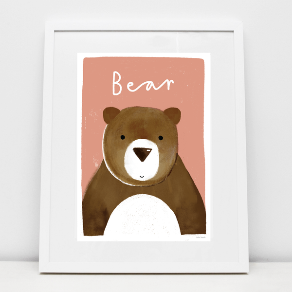 illustrated bear print with pink background