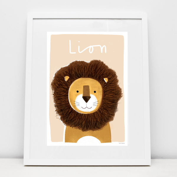 illustrated lion print with cream background