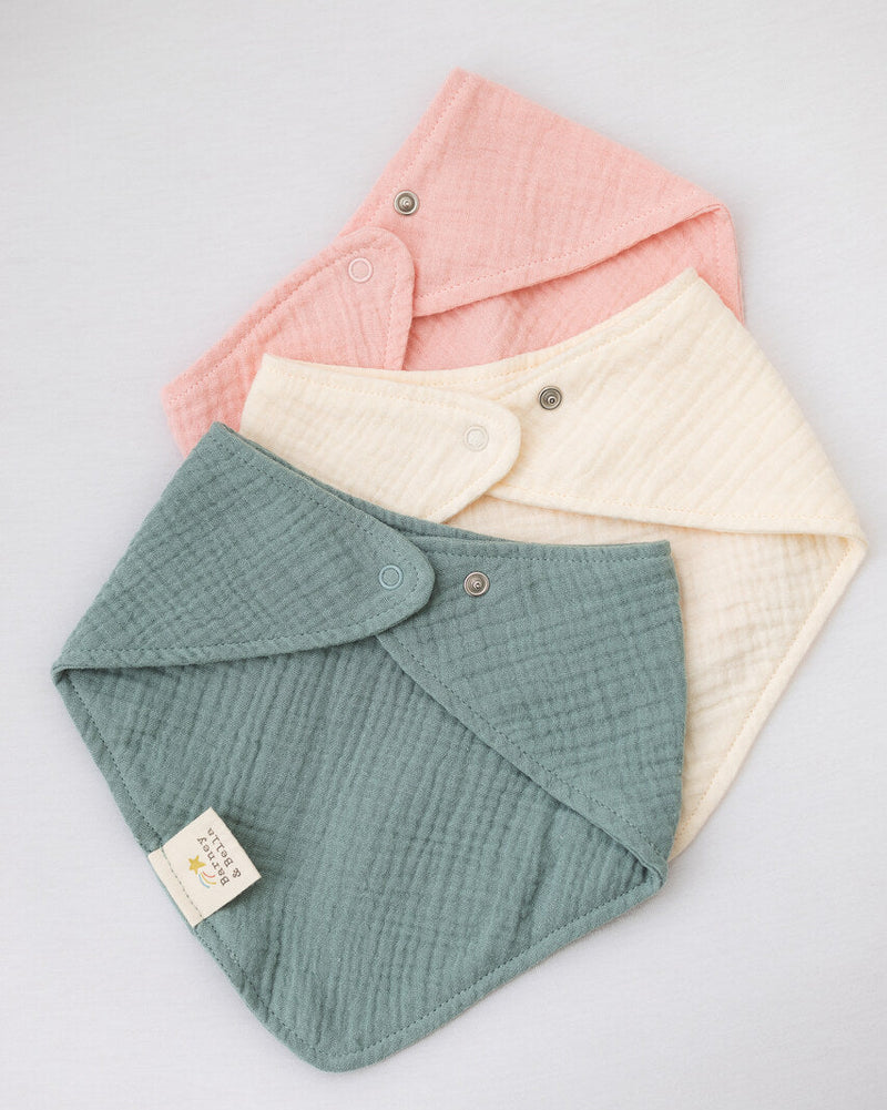Barney Bella organic cotton muslin baby bibs in sage, cream, pink