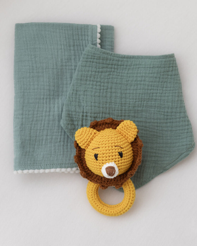 Barney and bella organic cotton sage muslin and bib baby gift set with louie lion crochet rattle.