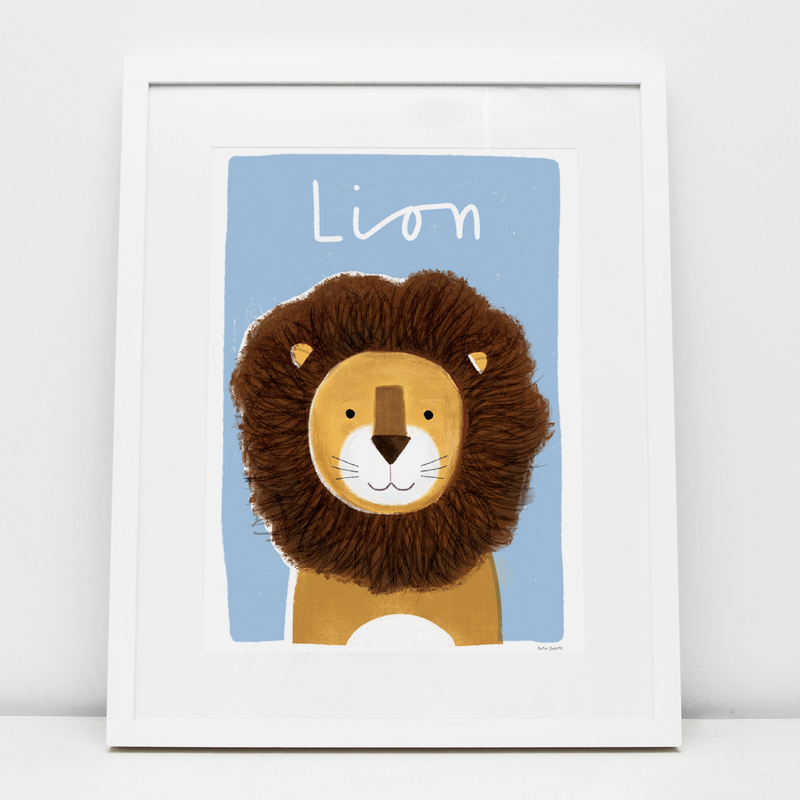 illustrated lion print with blue background