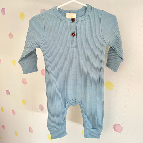 Blue Long Sleeve  Ribbed Cotton Romper