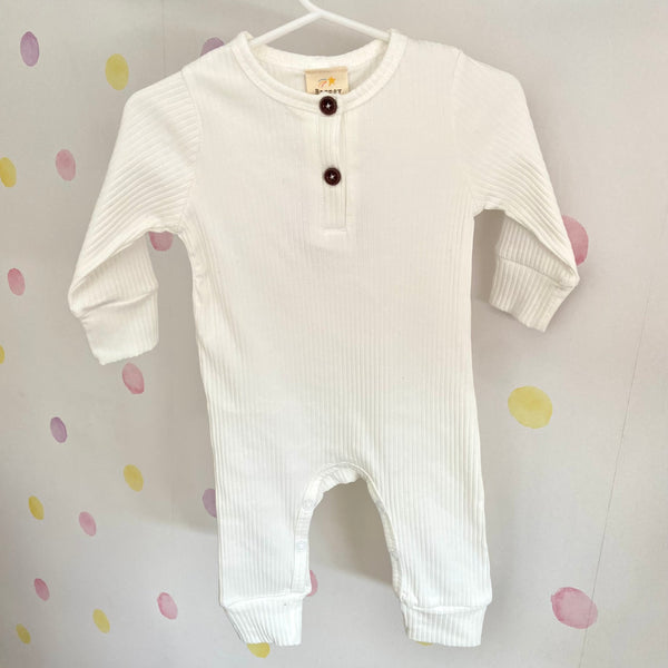 White Long Sleeve Ribbed Cotton Baby Romper – Barney and Bella